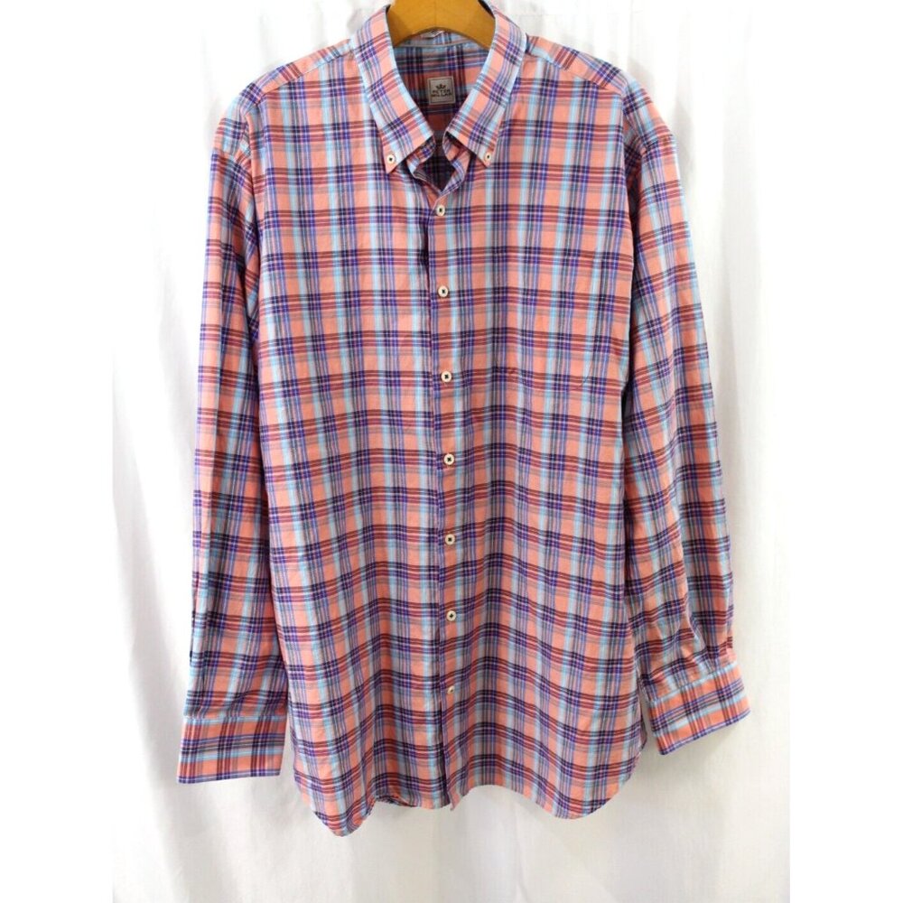 Peter Millar Mens Peach Blue Plaid Long Sleeve Cotton Button Down‎ XL